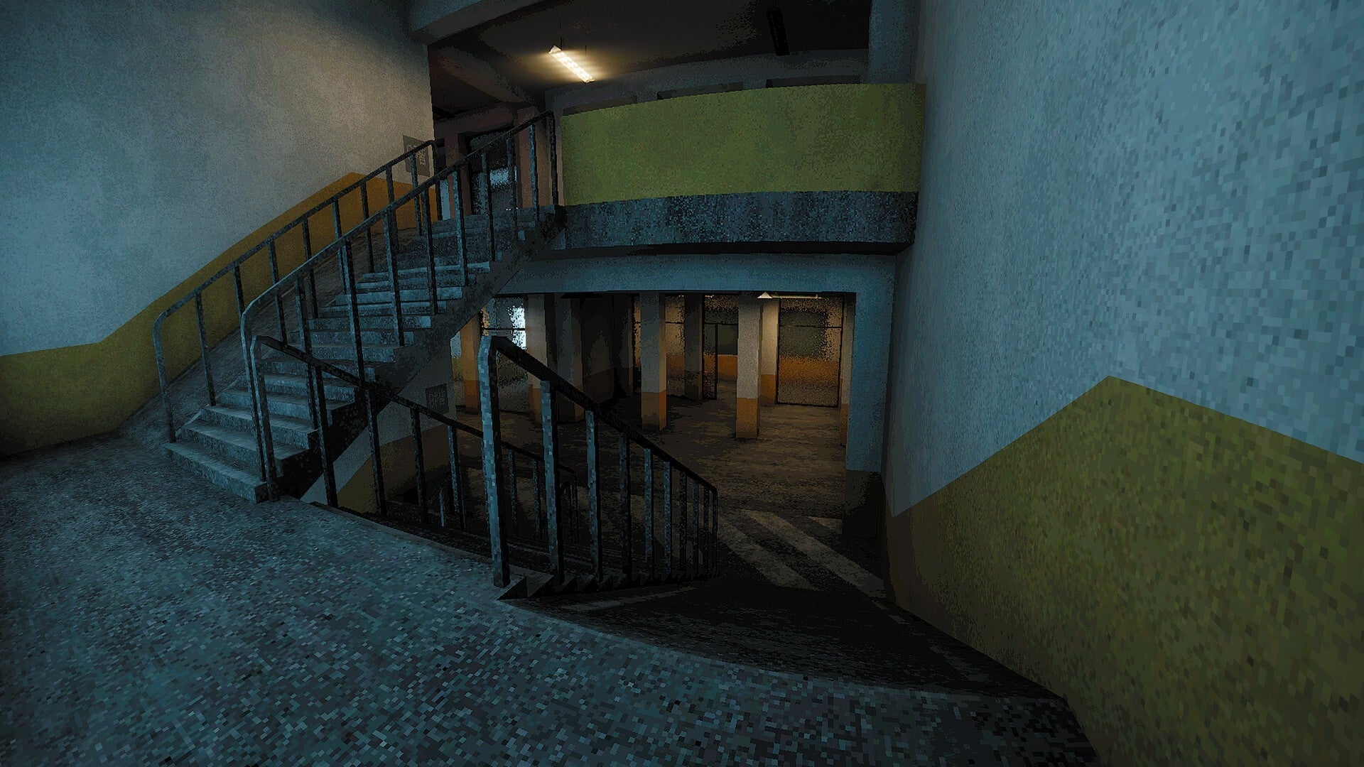 A first-person view of a stairway landing in a big empty office building, from Chairbound.