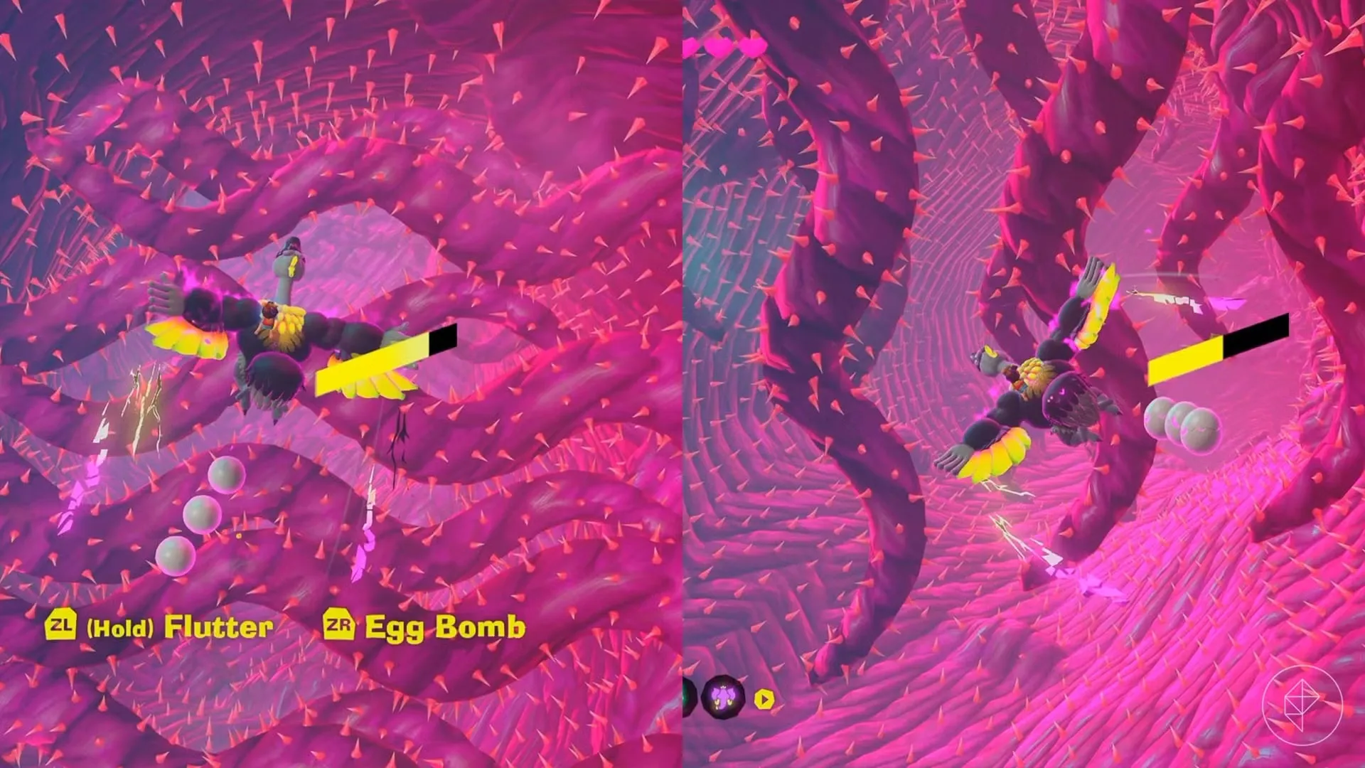 Ostrich Kong soaring through a magenta thorny area in Donkey Kong Bananza.