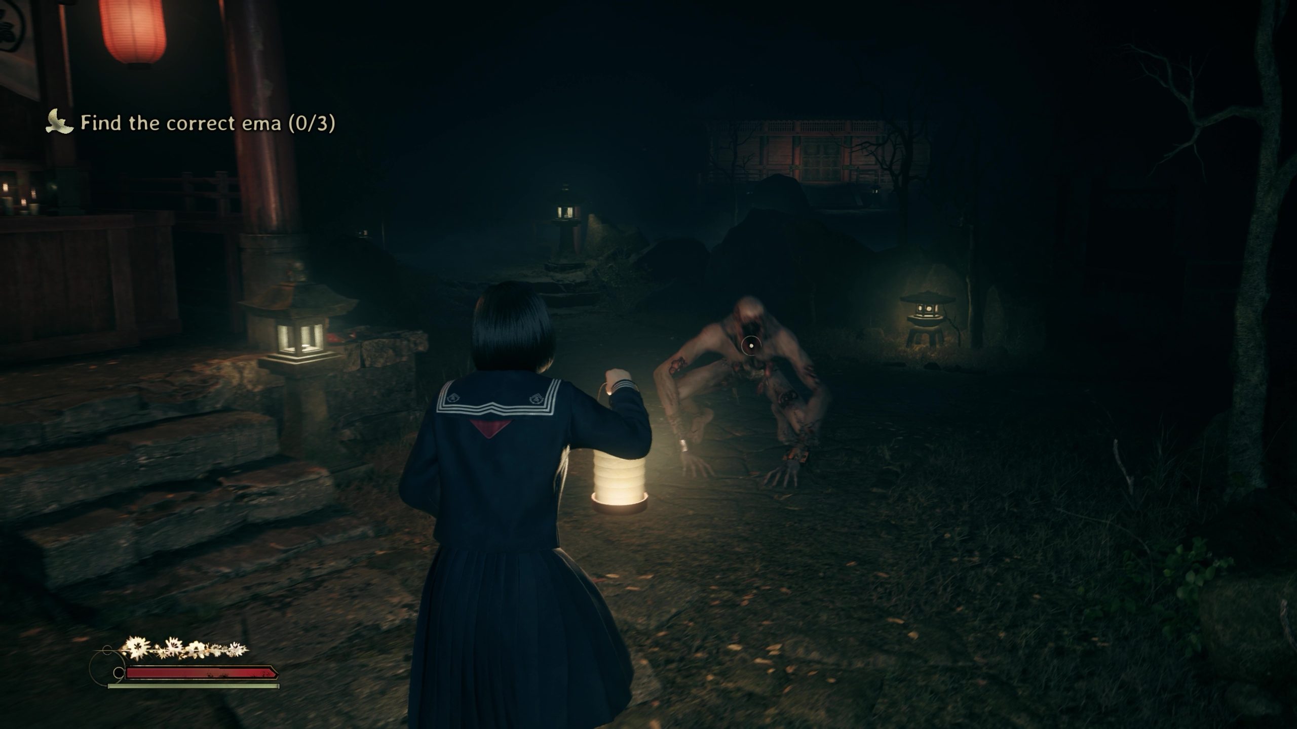 Hinako looks at an approaching faceless enemy in Silent Hill f that hunts via sound
