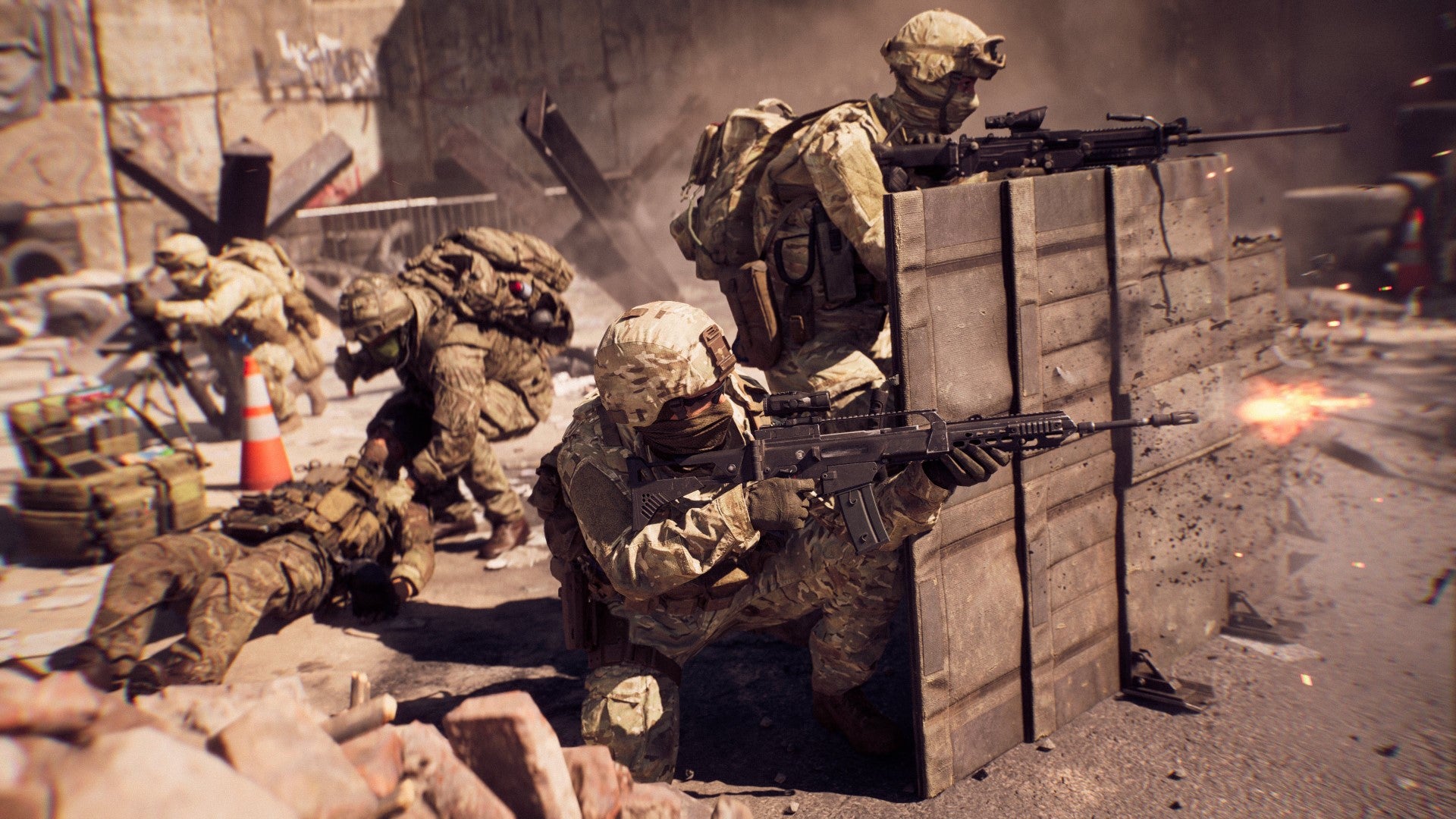 Two soldiers fire from behind cover, while another revives a wounded ally, in Battlefield 6.