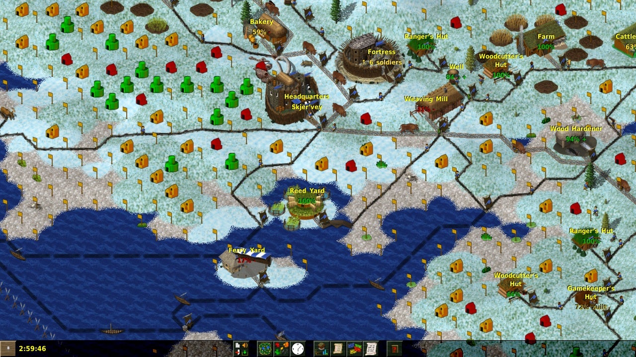 A coastal town built on white icy land in Widelands.
