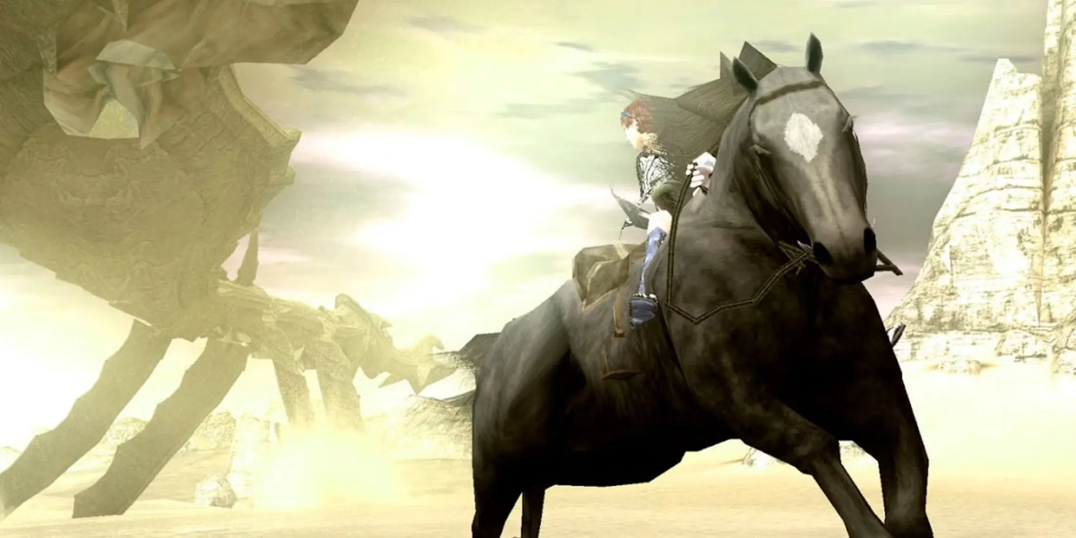 Shadow Of The Colossus Wander Riding Agro With A Colossus In The Background