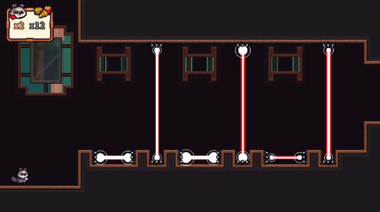Rogue Raccoon - A raccoon looks down a hallway filled with lasers.
