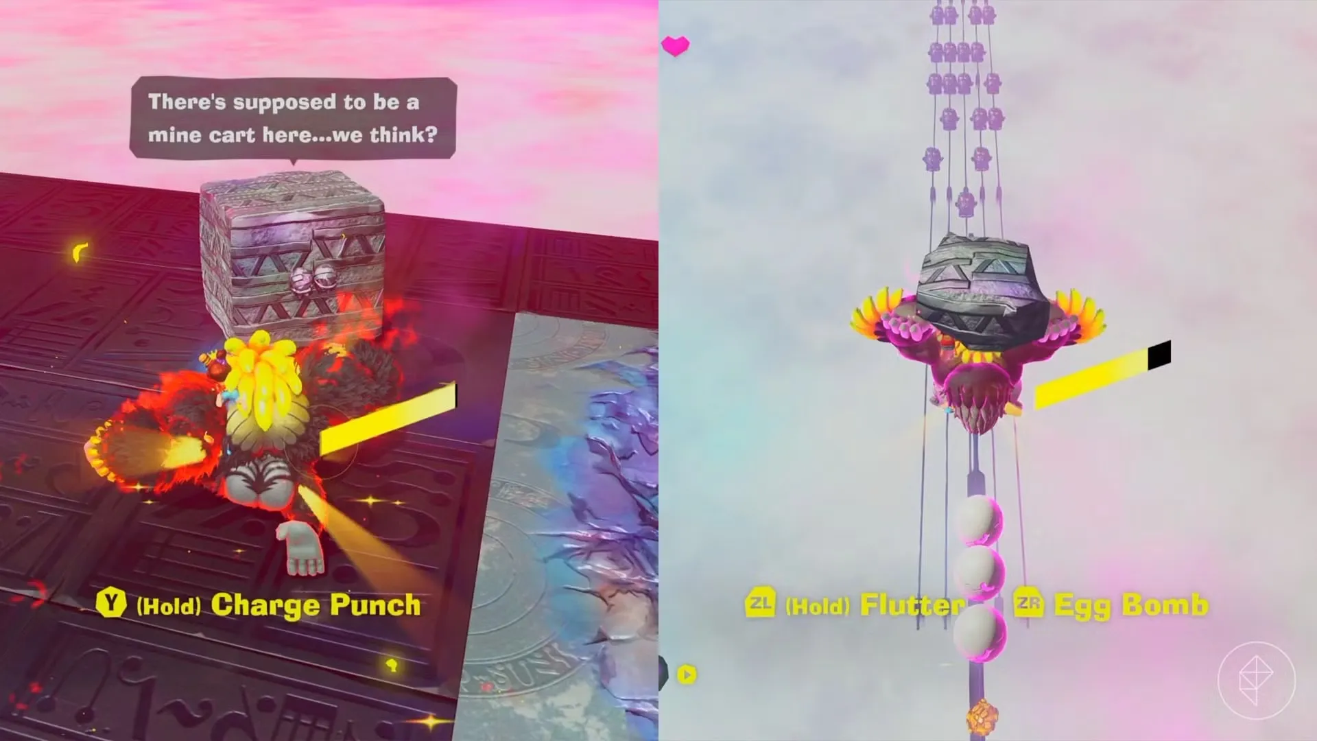 Donkey Kong standing in front of a concrete Fractone alongside an image of Ostrich Kong gliding through the air with a concrete chunk.