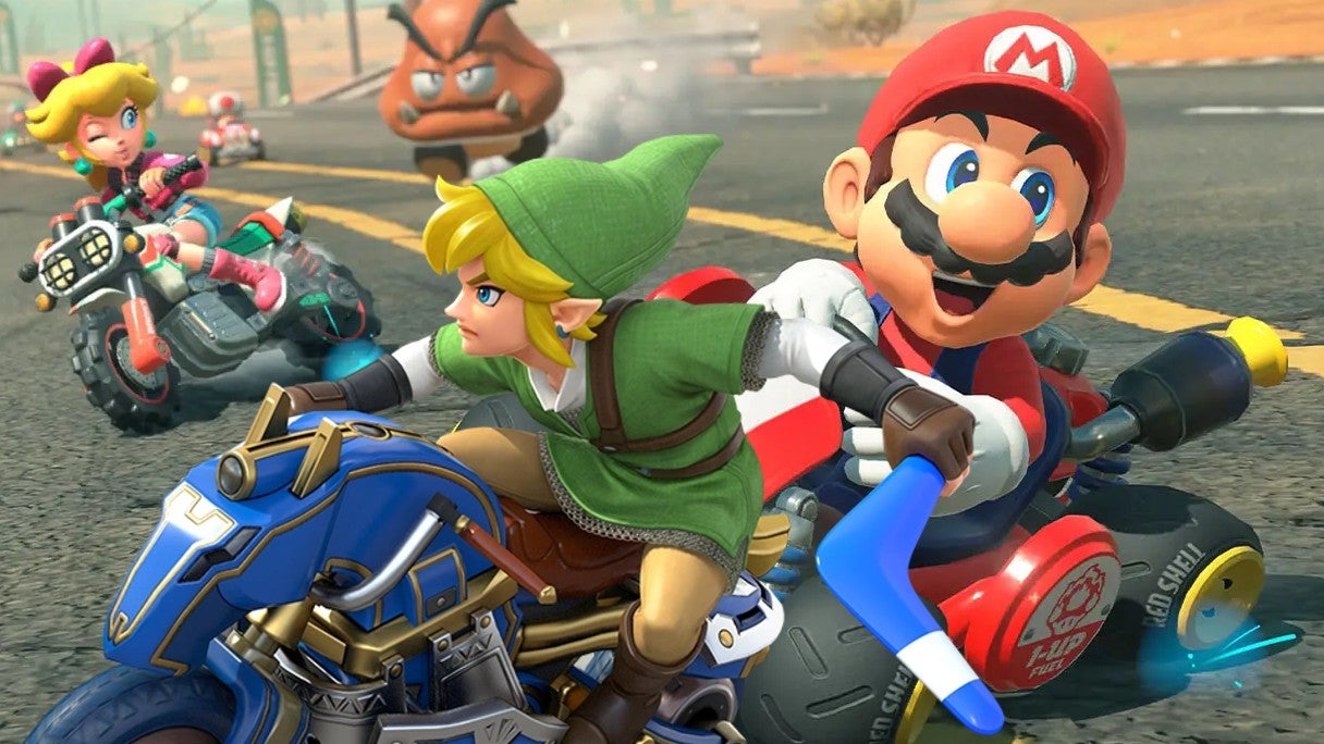 Mario Kart World Race With Mario And Peach With Link From Mario Kart 8 Overlayed On Top