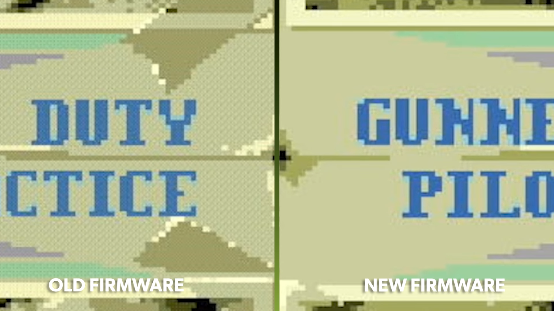 Example Hyperkin Retron GX screenshot with dithering enabled on right and disabled on left using old and new firmware.