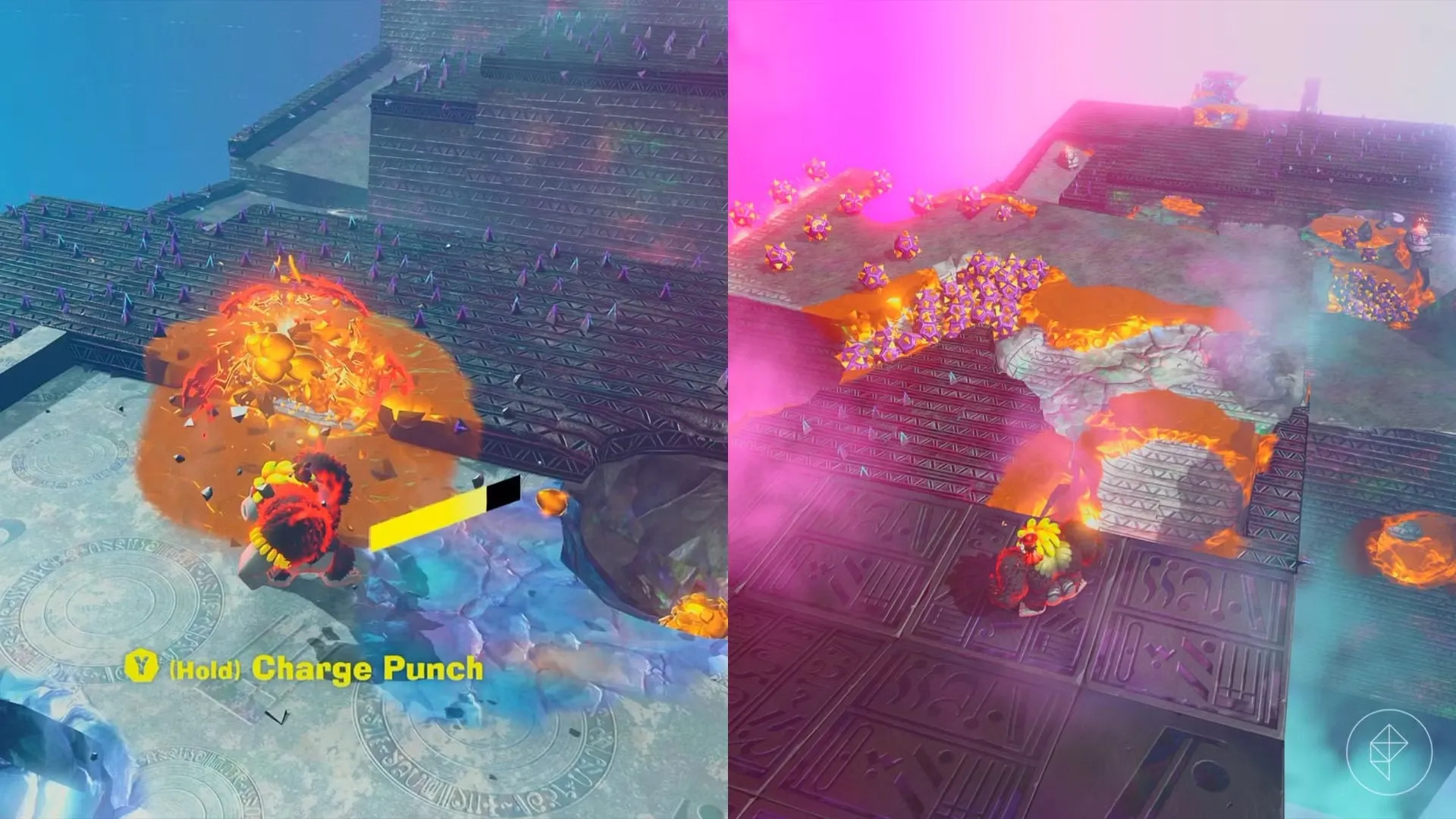 Donkey Kong smashing through concrete and spiky balls in Donkey Kong Bananza.