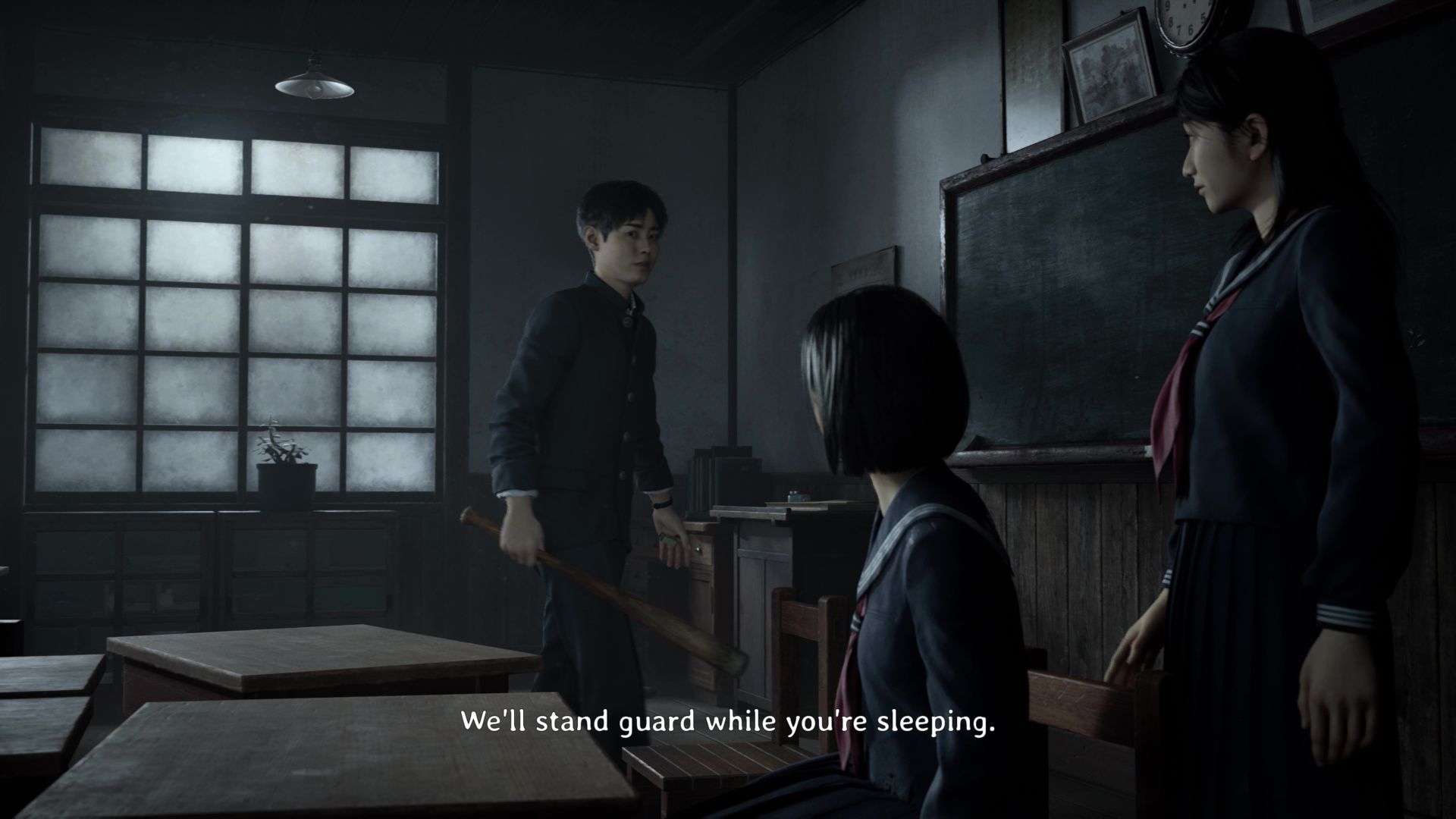 Shu says he will stand guard in Silent Hill f's school while Hinako takes a rest